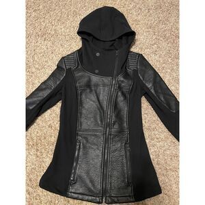 Blanc Noir Women's Asymetric Hooded Moto Jacket Faux Leather Black Size S